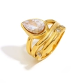 18K gold plated multi-layer stainless steel ring with pear-cut water drop zircon stones - US 6 / Gold