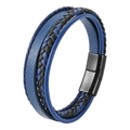 Men's multilayer braided leather bracelet in blue and black with magnetic clasp - 19cm / Blue/Black