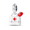 Detailed view of silver first aid kit charm with red heart EKG detail and crystal bail - Medical Box Heart Charm