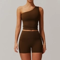 Completo yoga marrone cioccolato due pezzi con reggiseno monospalla e pantaloncini a vita alta - S / Marrone Betulla (Canotta+Pantaloncini)