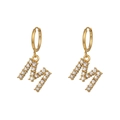 Golden letter M earrings in stainless steel with micro-set white zircon stones - Letter M