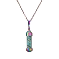 Detailed macro of perfume bottle pendant with turquoise stones on rainbow steel chain - Blue Turquoise Chips