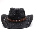 Classic black straw cowboy hat with a brown leatherette studded band for sun protection - M(56-58cm) / Black