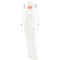Detail of white halter maxi dress with pink 3D flower and waist cut-out accents - S / White