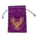 Macro detail of purple velvet tarot pouch featuring a golden owl print and drawstring - Owl/Purple