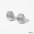 Textured silver oval stud earrings in polished stainless steel with vertical wavy pattern - Silver Ribbed Oval Earrings D2753