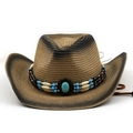 Chapeau de cowboy en paille avec bandeau perlé ethnique et turquoise pour adulte - M (56-58cm) / Brun Tan Style Dégradé Fumé (02)