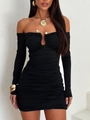 Detailed view of ruched off-shoulder dress with shell and pearl embellishments - S / Black