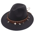 Detail of grey wool fedora hat with ethnic brown leather band and silver coin pendants - Dark Gray