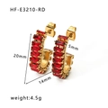 Pendientes de aro en C de acero dorado de 18K con circón cuadrado rojo - Rojo (HF-E3210-RD)
