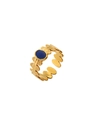 Vintage 18k gold plated open ring featuring a blue oval gemstone and leaf textures - Adjustable Open / Vintage Leaf Blue Stone Style