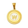 Gold stainless steel round pendant featuring letter W with white enamel and twisted border - Letter W(S-P005-W)
