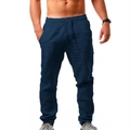 Detail of dark blue men's casual cotton linen pants with elastic drawstring waist - S / Navy Blue