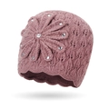 Gorro de punto rosa empolvado con flores de ganchillo y pedrería brillante - Violeta Claro