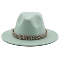 Close-up of mint green wool fedora hat featuring a bohemian herringbone woven band decoration - M (56-58cm) / Ethnic Jazz Hat / Mint Green