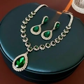 Detailed view of silver water drop jewelry set with green gemstones and rhinestones - Water Drop Necklace Earring Set / Silver-Green Set