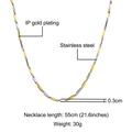 Detalle del collar de acero inoxidable bañado en oro de 18k con especificaciones de tamaño - Oro y Plata