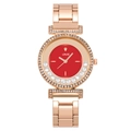 Fashion women's quartz watch with red dial, rose gold steel band and diamond accents - Red