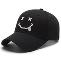 Casquette de baseball noire en coton avec visage souriant brodé, yeux en X et langue - Réglable / Noir