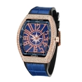 Rose gold tonneau watch with blue leather strap and iced-out diamond bezel - Rose Gold Case Blue Strap