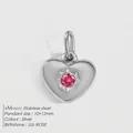Silver stainless steel heart charm pendant with July rose birthstone, 10x12mm size - July Rose Red / Silver