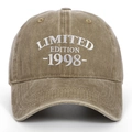 Close-up of white 1998 Limited Edition embroidery on vintage washed cotton baseball cap - Adjustable / Khaki