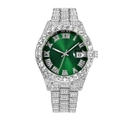 Close-up of luxury iced-out men's quartz watch with green sunray dial and Roman numerals - Silver Green