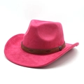 Détail du chapeau de cowboy rose avec ruban ethnique et boucle métallique vintage - M (56-59cm) / Rose Rouge (Daim)