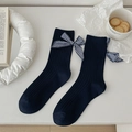 Donkerblauwe kniekousen met strikjes en verticale gebreide strepen in collegestijl - Eén maat / Bowknot Decoratie Stijl