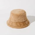 Close-up of the soft faux rabbit fur texture on this khaki plush winter bucket hat - Khaki