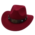 Detail of burgundy cowboy hat with brown leather band and turquoise star buckle - Kids Size / Wine Red (Bronze Star)