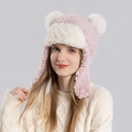 Cappello invernale in peluche rosa e bianco con graziosi pompon a forma di orso - Rosa