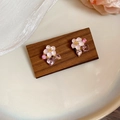 Detail of pink floral stud earrings with crystals on wood and white satin fabric - Silver Earring Post - Pink