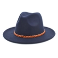 Navy blue wool fedora hat with brown braided leather band for men and women - M (56-58cm) / Navy Blue