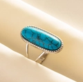 Vintage stainless steel ring with oval turquoise stone and boho silver band finish - Silver-Dark Blue Turquoise