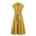 Ginger yellow short sleeve poplin midi shirt dress with lapel collar and waist tie - XS / Sunflower Yellow