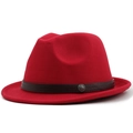 Close-up of red fedora hat featuring a brown embossed belt and vintage metal buckle - M(56-58cm) / Red (JXF-540)