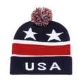 Detailed close-up of knitted USA flag beanie with pompom and patriotic star patterns - 56-58cm / Navy Blue with Color Block USA (H)