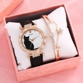 Cute black cat motif quartz watch with sparkling rose gold bracelet in a gift box - Black + Bracelet + Box