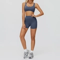 Tweeledige leiblauwe yogaset met sportbeha en fitnessshort met een hoge tailleband - XL / Beha + Short / Marineblauw