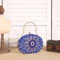 Elegant royal blue sunflower evening clutch bag with sparkling crystals and gold handle - Blue