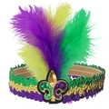 Mardi Gras feather headband with purple green and gold sequins and Fleur-de-lis - One Size / Fleur-de-lis Motif Style