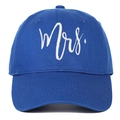 Close-up of white Mrs. embroidery on high-quality navy blue cotton baseball cap fabric - MRS / Sapphire Blue