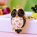 Sparkly rhinestone owl keychain with black enamel detailing and golden metal finish - A430 Owl K Black