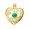 Detailed close-up of a heart-shaped evil eye pendant with polished gold finish and zircon stones - Evil Eye Heart Pendant-Green-23