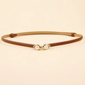 Brown slim waist belt with golden pearl double-eye buckle and rhinestone accents - 19283 Camel/Pearl Double Ring Buckle
