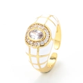 Adjustable gold ring with white enamel grid, oval center diamond and small round crystals - Adjustable Open / White
