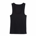 Women's black ribbed knit tank top with round neck and slim fit on white background - S / Black