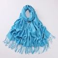 Elegant solid blue cashmere scarf with fringe details and a soft texture - Sky Blue