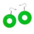 Neon green round acrylic earrings with metal hooks and silicone backs on white background - Green Round
